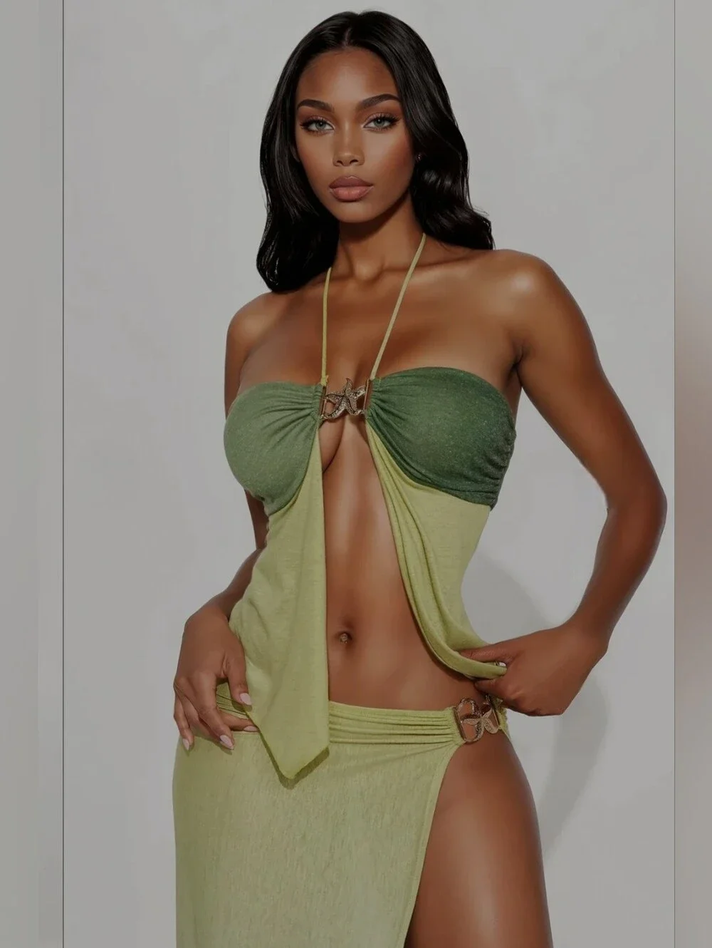 Fashion Nova Olive to Lime Ombre Strapless Handkerchief Maxi Skirt Set